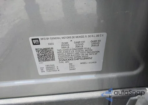 2023 Chevrolet Equinox Fwd Lt из США, поврежденный, VIN 3GNAXKEG4PS189652